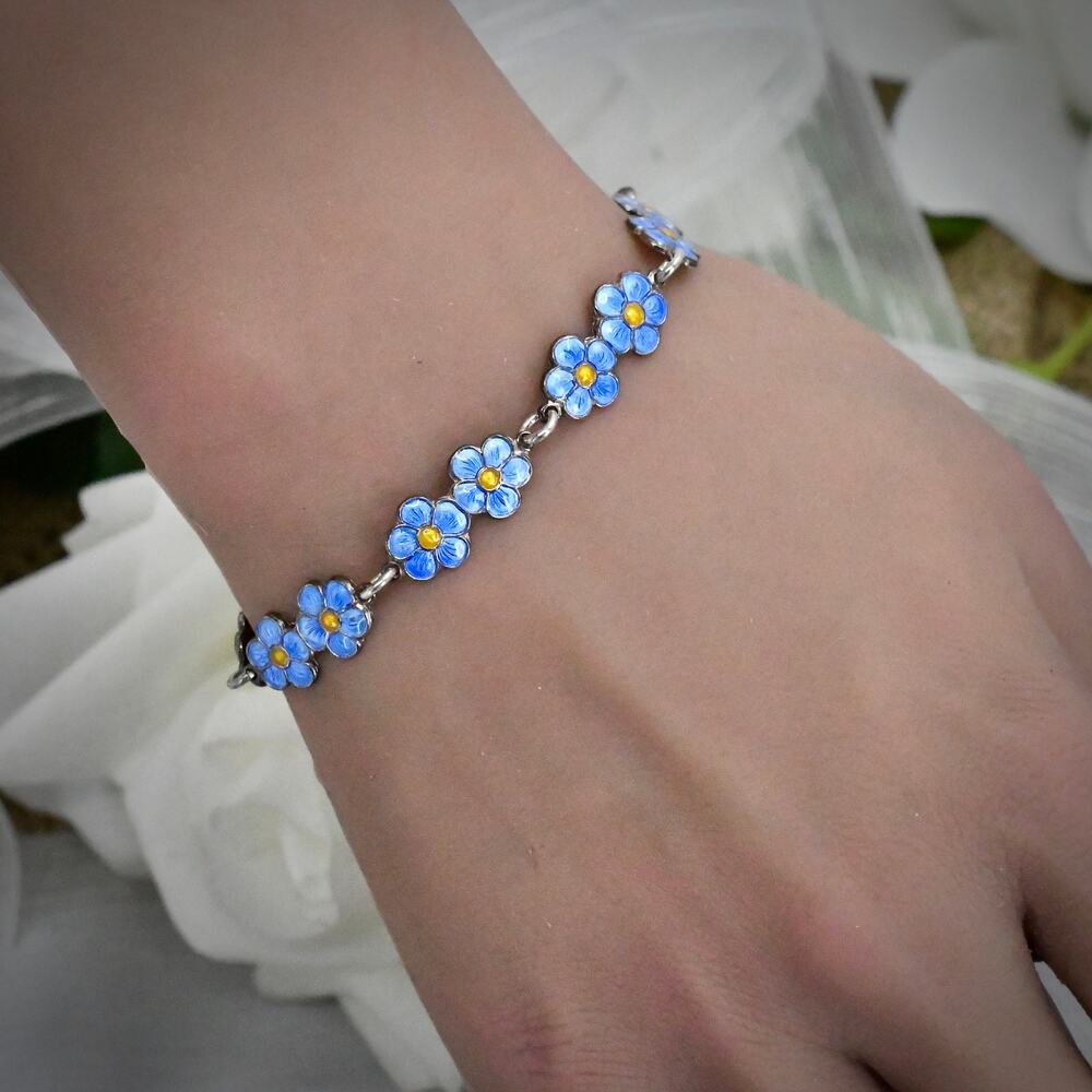 Vintage Meka Denmark Sterling Silver Enamel Floral Bracelet Petite Wrist 6"